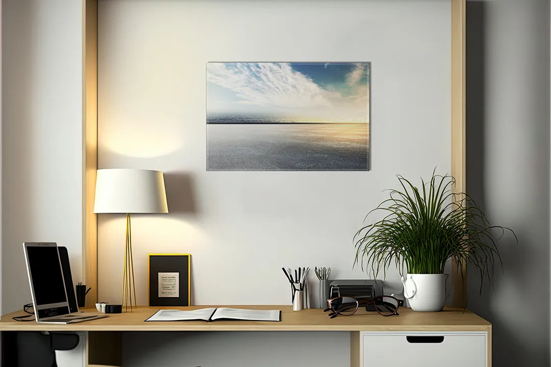 Kurkborden op canvas met minimalistische horizon boven zee – formaat 140 × 100 cm
