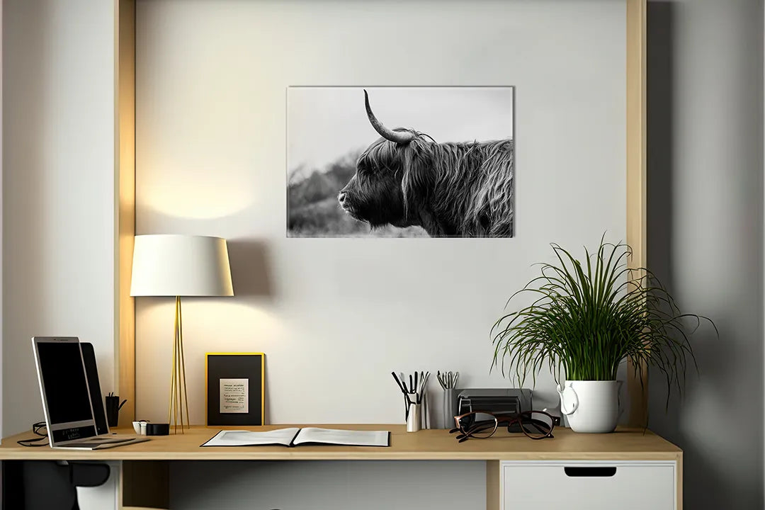 Kurkborden op canvas met zwart-wit schotse hooglander – formaat 140 × 100 cm