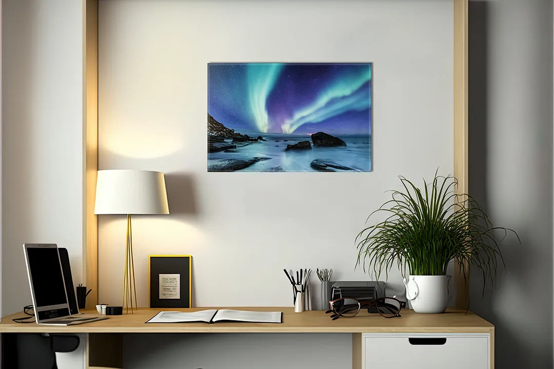 Kurkborden op canvas met noorderlicht boven de zee – formaat 140 × 100 cm