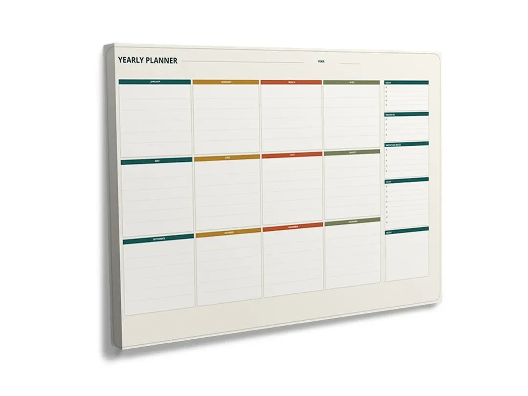 Kurkborden op canvas met jaarplanner met gekleurde horizontale balken – formaat 120 × 80 cm