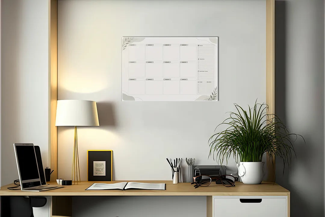 Kork-Pinnwände auf Leinwand mit monatsplaner mit botanischen ecken – Format 140 × 100 cm