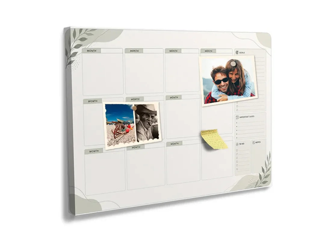 Kurkborden op canvas met maandplanner met botanische hoeken – formaat 60 × 40 cm