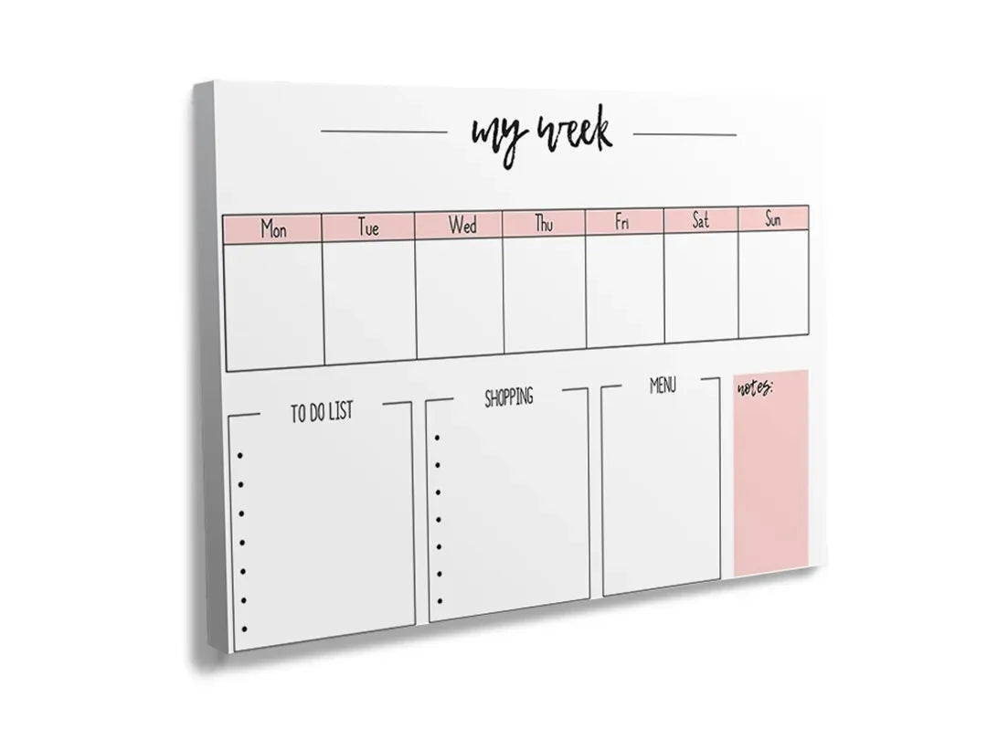 Kurkborden op canvas met roze weekplanner met notitievakken – formaat 120 × 80 cm