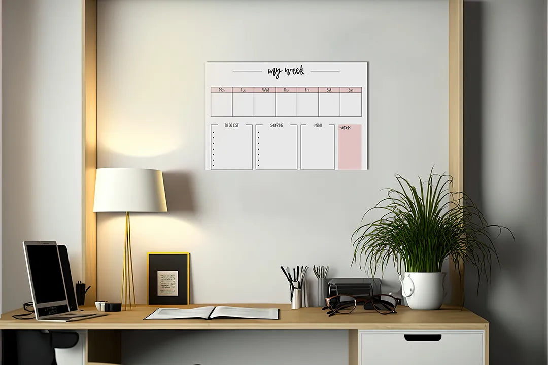 Kurkborden op canvas met roze weekplanner met notitievakken – formaat 140 × 100 cm
