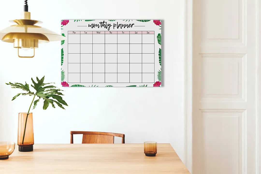 Kurkborden op canvas met botanische maandplanner – formaat 100 × 70 cm