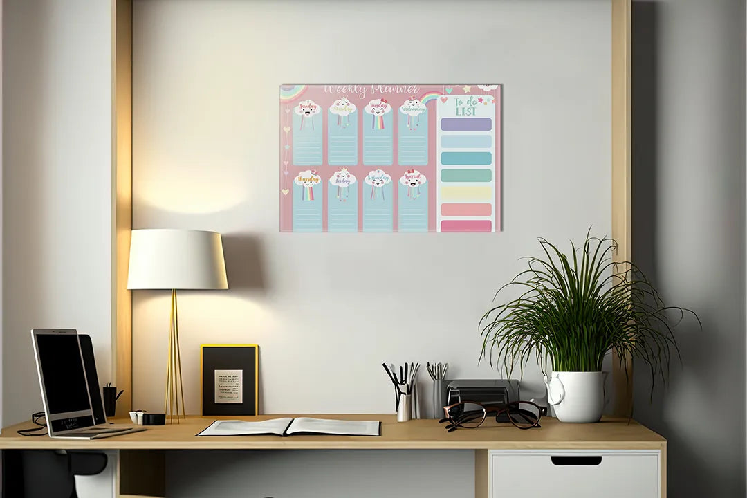 Kurkborden op canvas met pastel weekplanner met regenbogen – formaat 140 × 100 cm