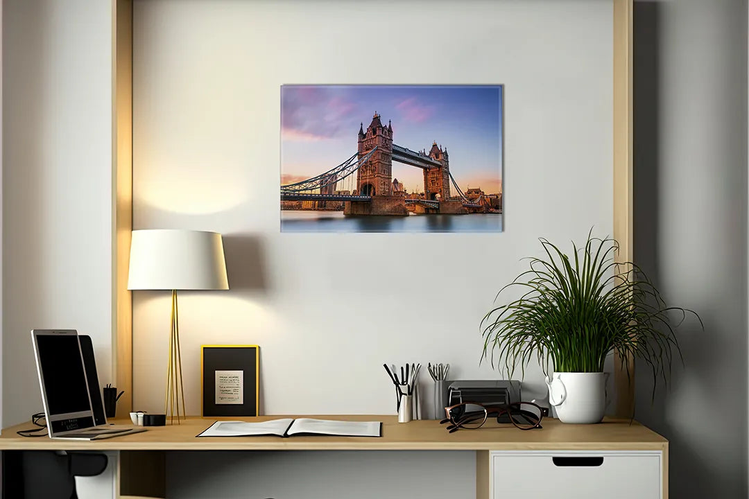 Kurkborden op canvas met tower bridge bij zonsondergang – formaat 140 × 100 cm