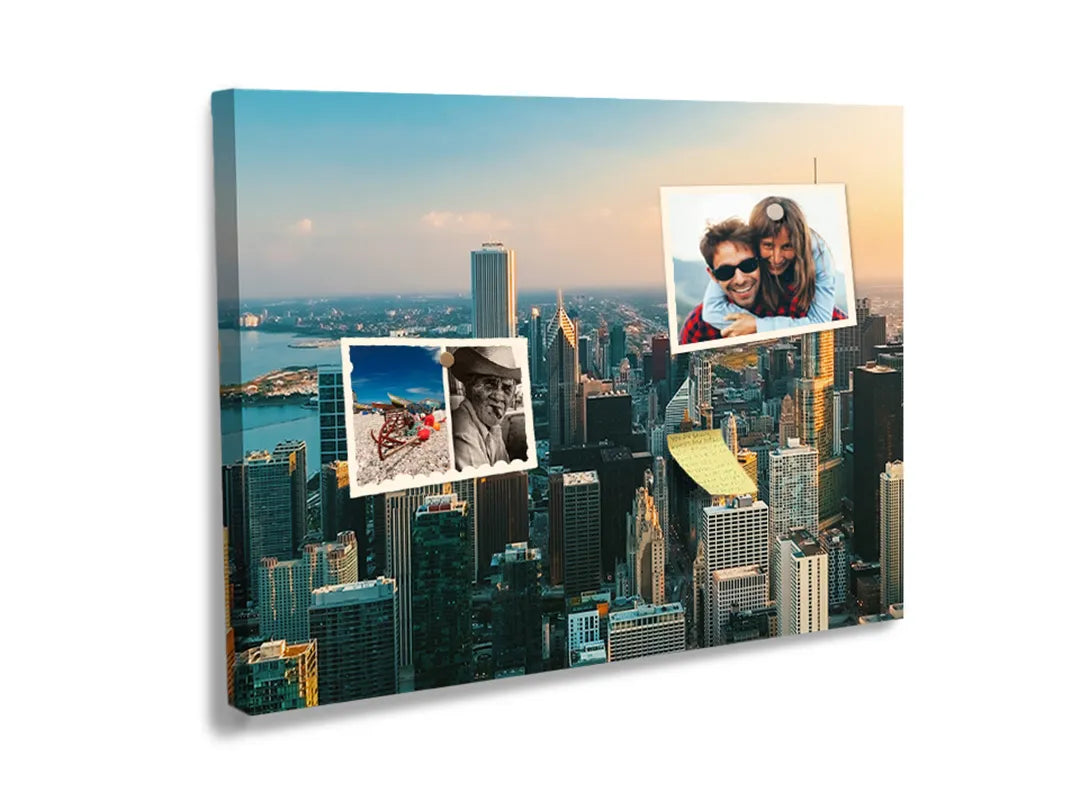 Kurkborden op canvas met moderne skyline in ochtendlicht – formaat 60 × 40 cm