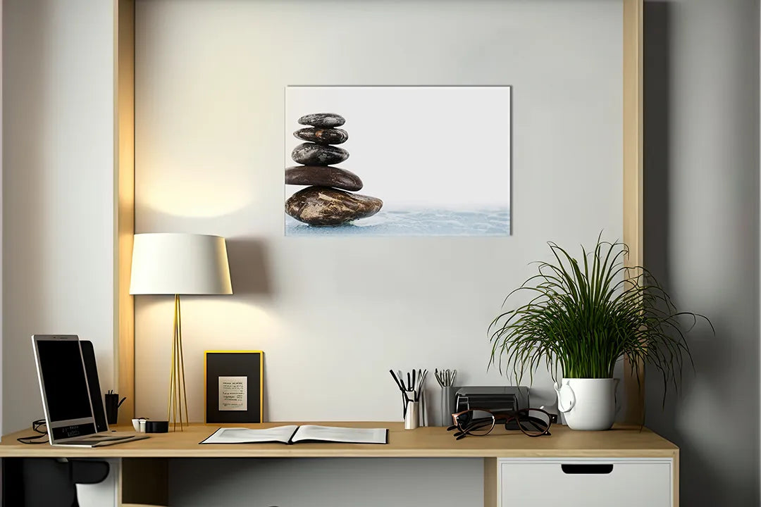 Kurkborden op canvas met zenstenen aan het water – formaat 140 × 100 cm