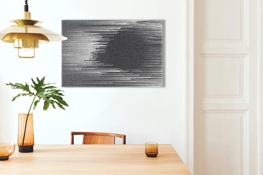 Kurkborden op canvas met zwart-wit gestreept abstract patroon – formaat 100 × 70 cm