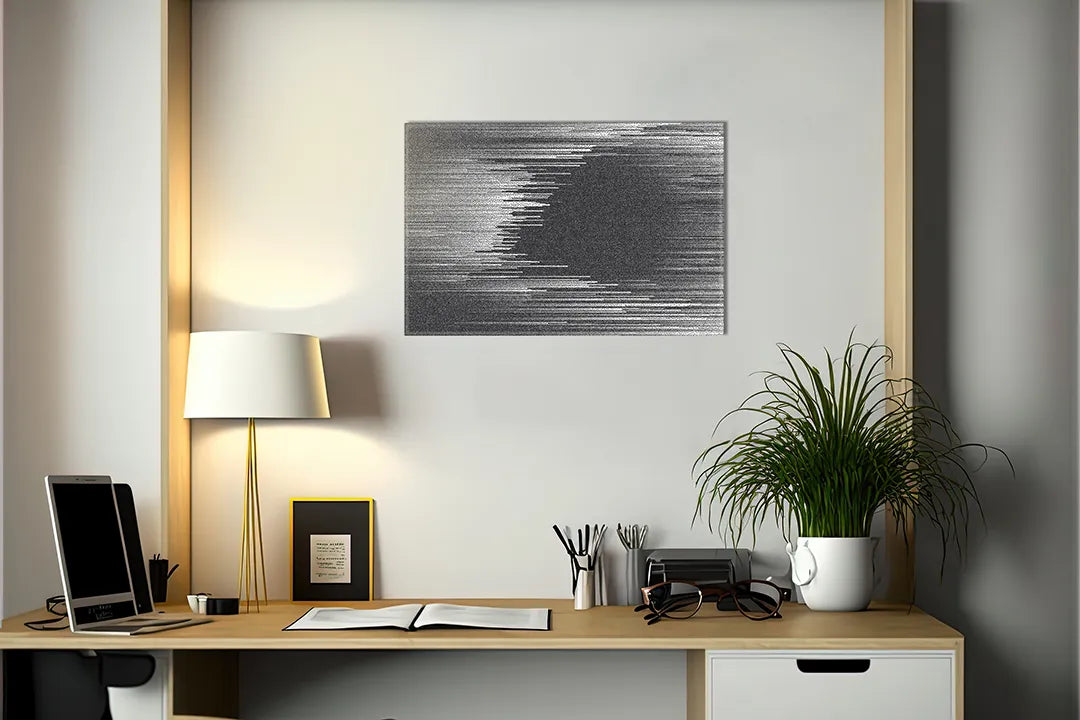 Kurkborden op canvas met zwart-wit gestreept abstract patroon – formaat 140 × 100 cm