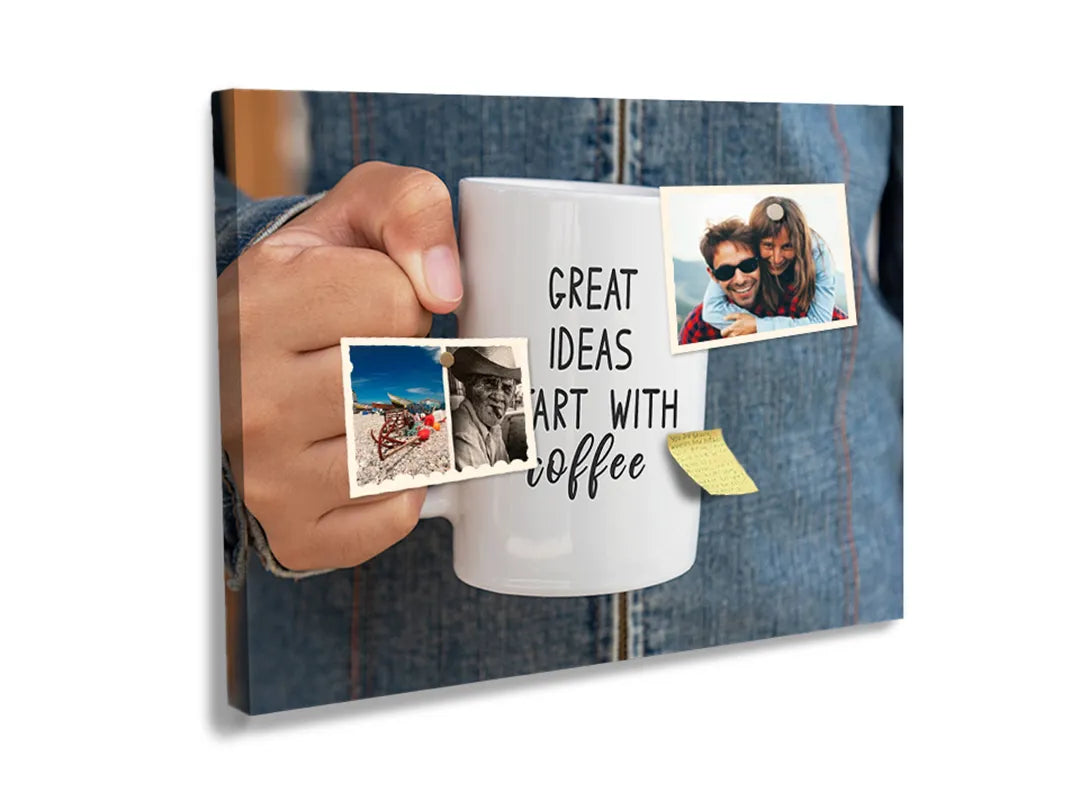Kurkborden op canvas met koffiemok met creatieve quote – formaat 60 × 40 cm