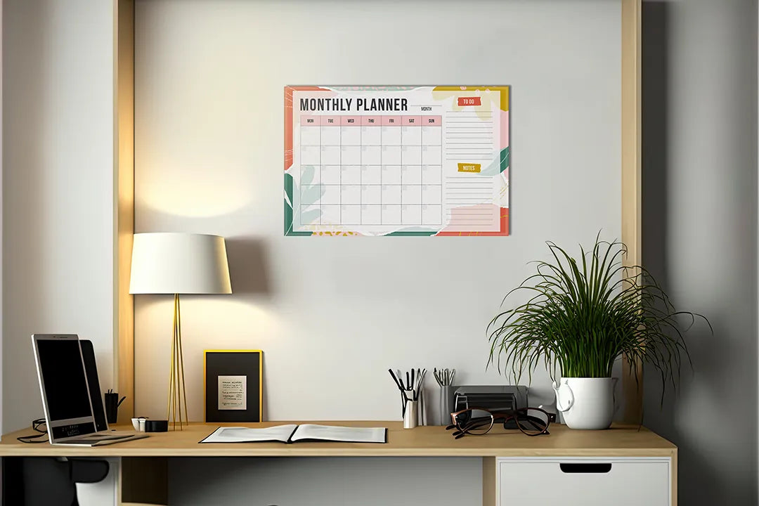 Kurkborden op canvas met kleurrijke maandplanner – formaat 140 × 100 cm