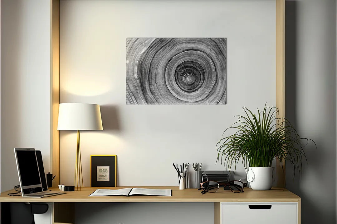 Kurkborden op canvas met zwart-witte boomringen – formaat 140 × 100 cm