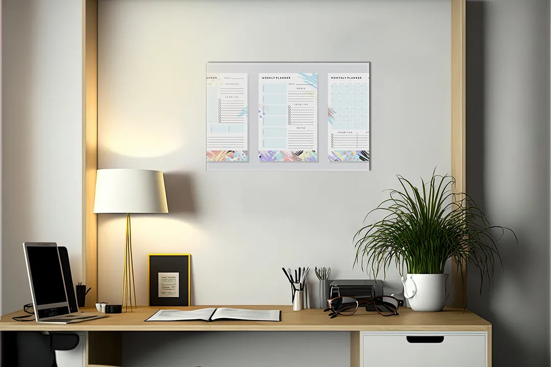 Kurkborden op canvas met driedelige planner in pastelkleuren – formaat 140 × 100 cm