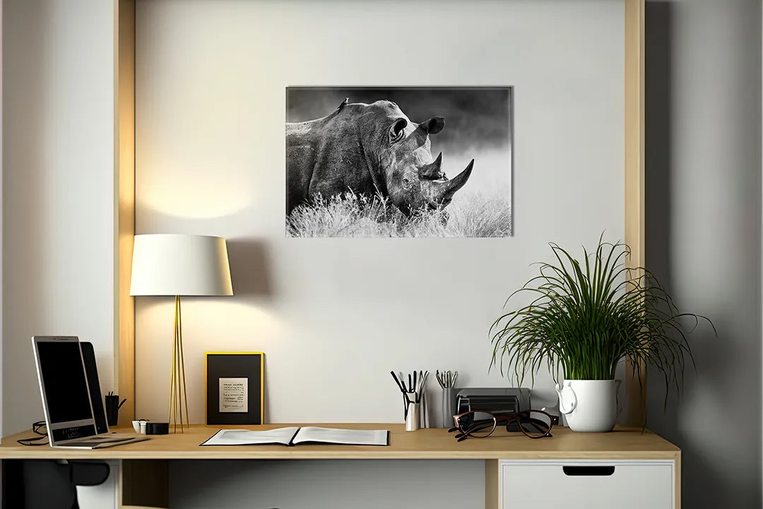 Kurkborden op canvas met zwart-wit neushoornportret – formaat 140 × 100 cm