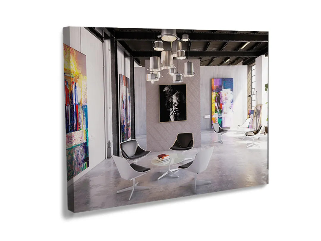 Kurkborden op canvas met modern interieur met kunstwerken – formaat 120 × 80 cm
