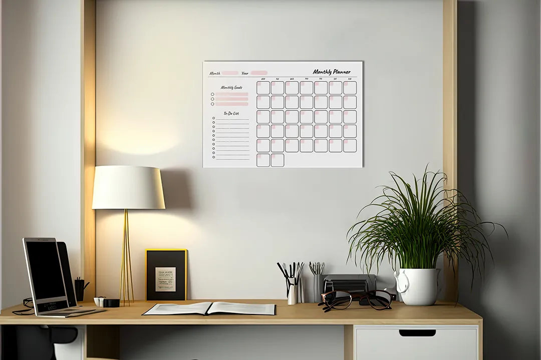 Kurkborden op canvas met minimalistische maandplanner – formaat 140 × 100 cm