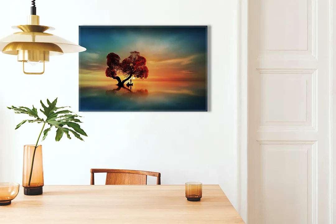 Kurkborden op canvas met eenzame boom bij zonsondergang – formaat 100 × 70 cm