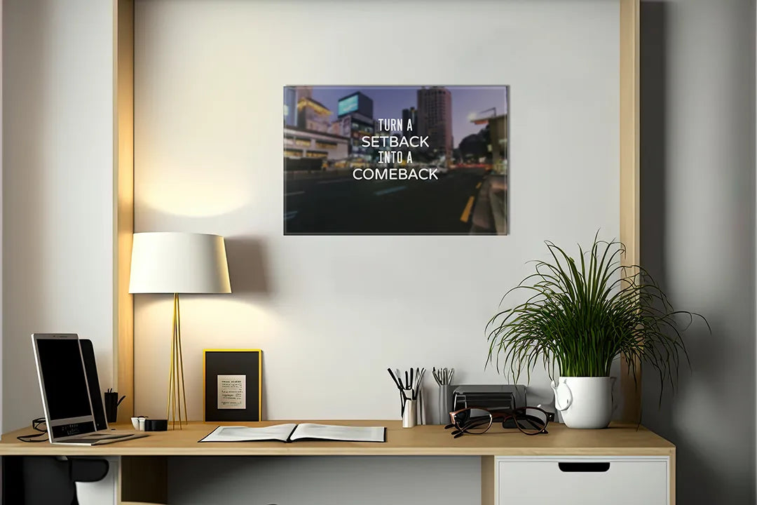 Kurkborden op canvas met motiverende quote over een comeback – formaat 140 × 100 cm