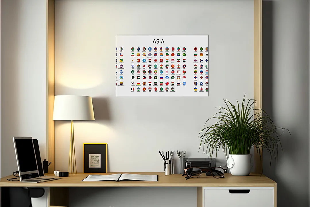 Kurkborden op canvas met kaart van azië met vlaggen – formaat 140 × 100 cm