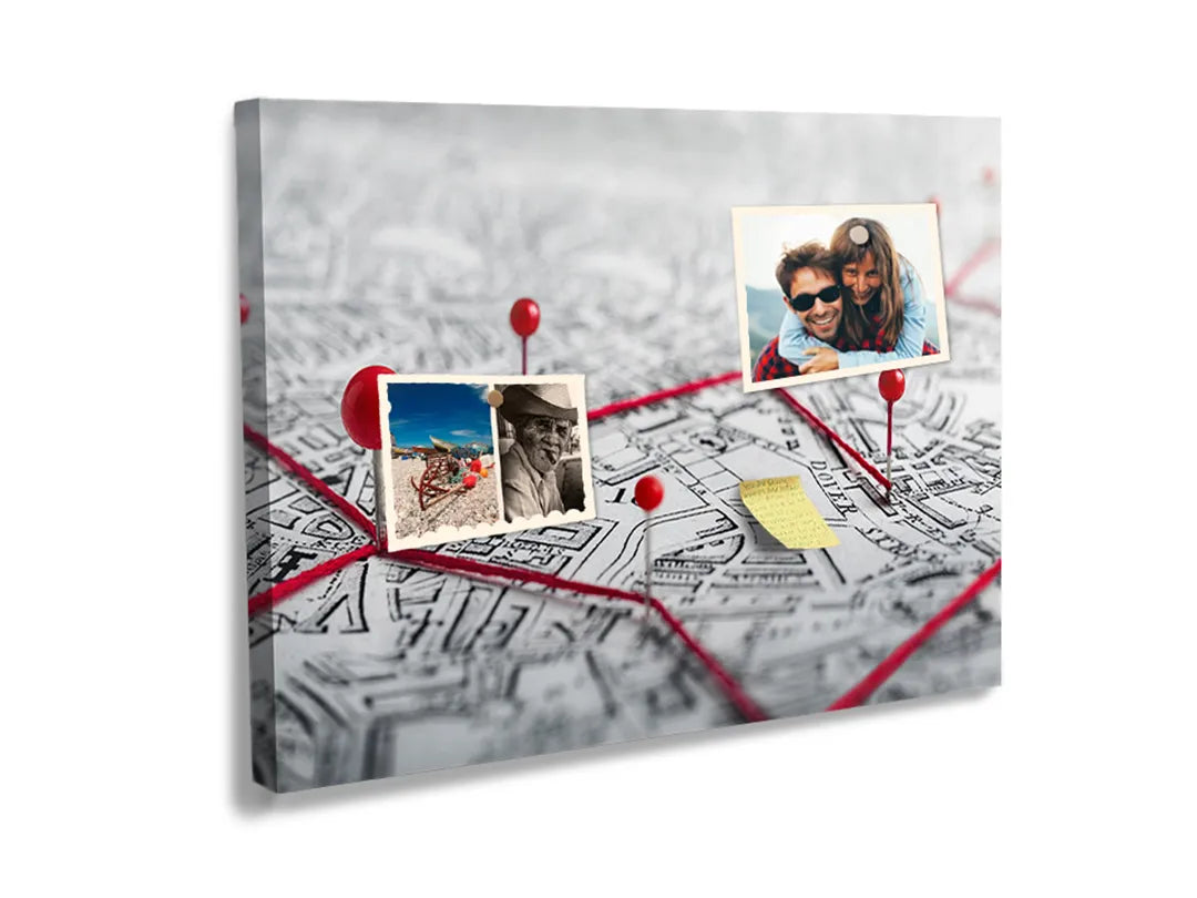 Kurkborden op canvas met stadskaart met rode locatiepinnen – formaat 60 × 40 cm