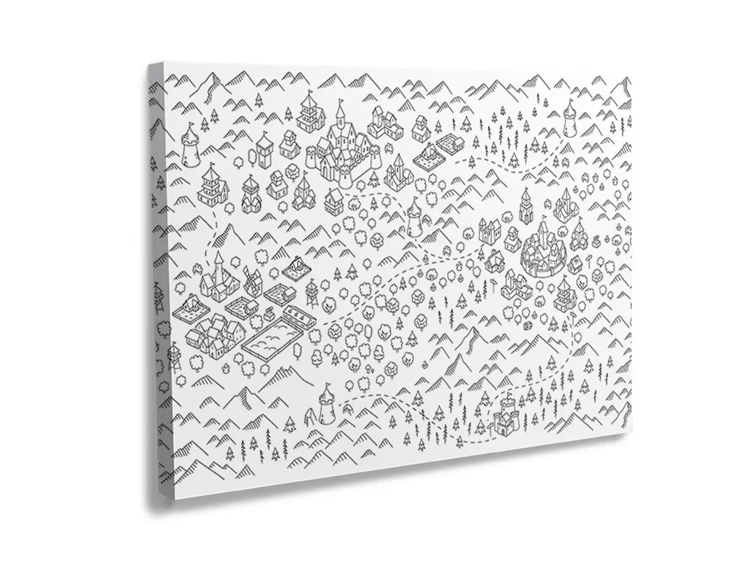 Kurkborden op canvas met zwart-wit stadsdoodle patroon – formaat 120 × 80 cm