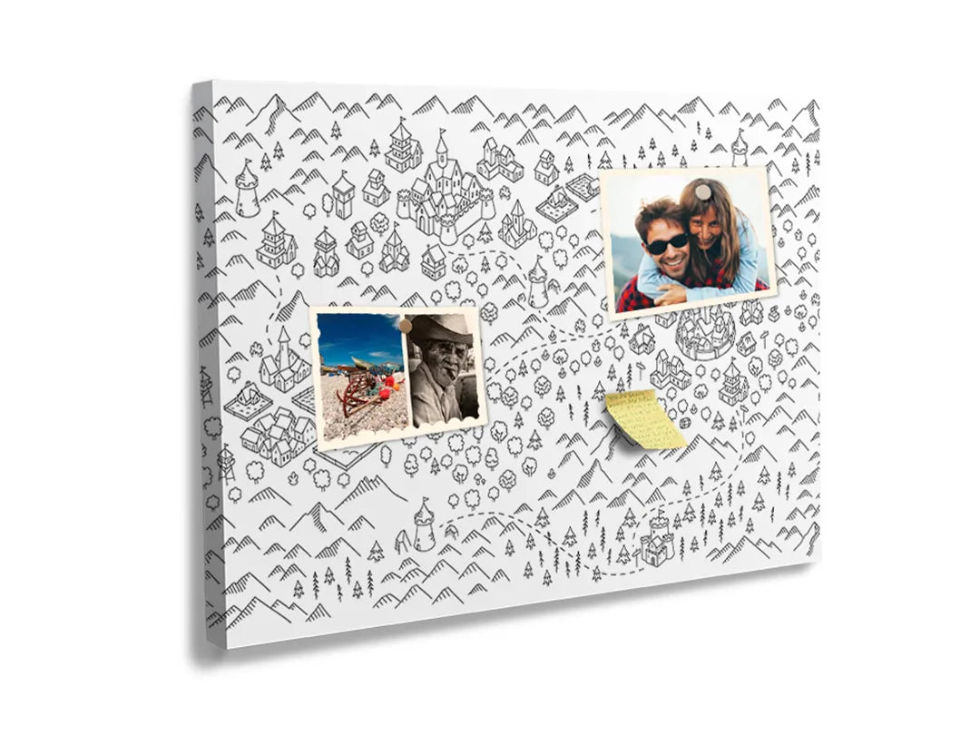 Kurkborden op canvas met zwart-wit stadsdoodle patroon – formaat 60 × 40 cm