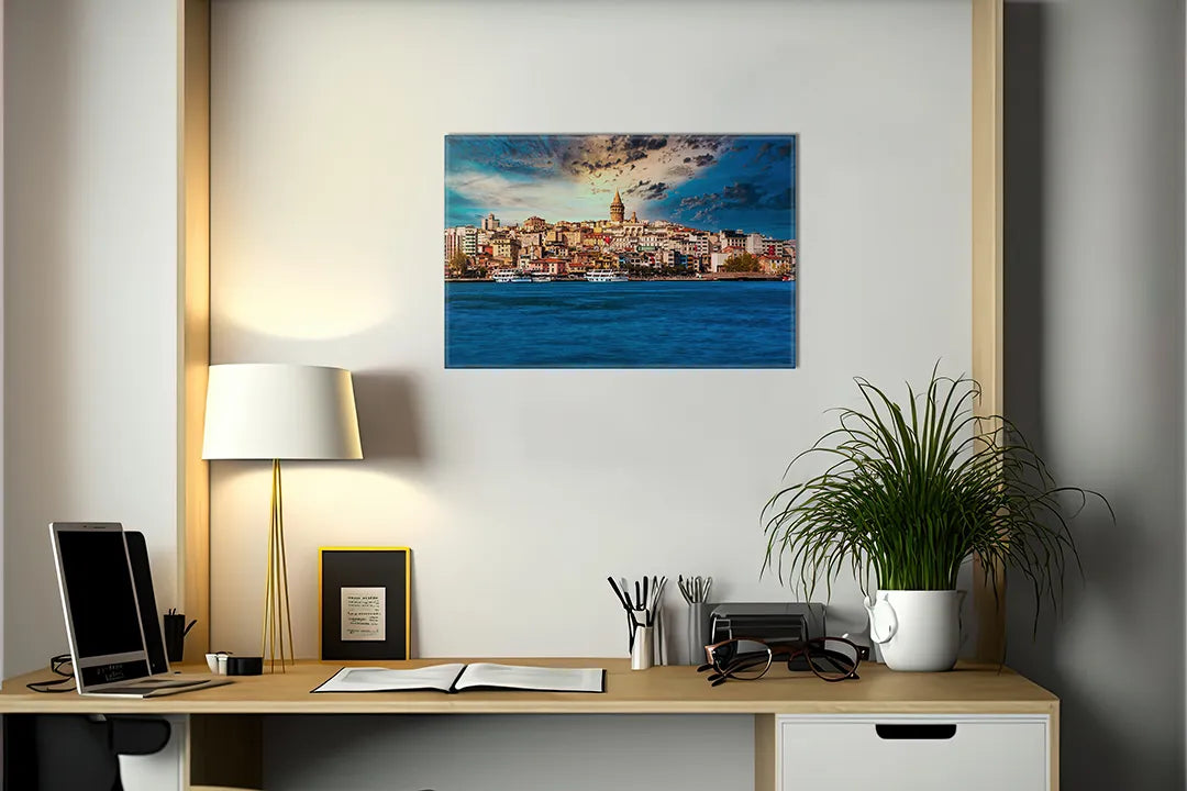 Kurkborden op canvas met panorama van een kuststad – formaat 140 × 100 cm