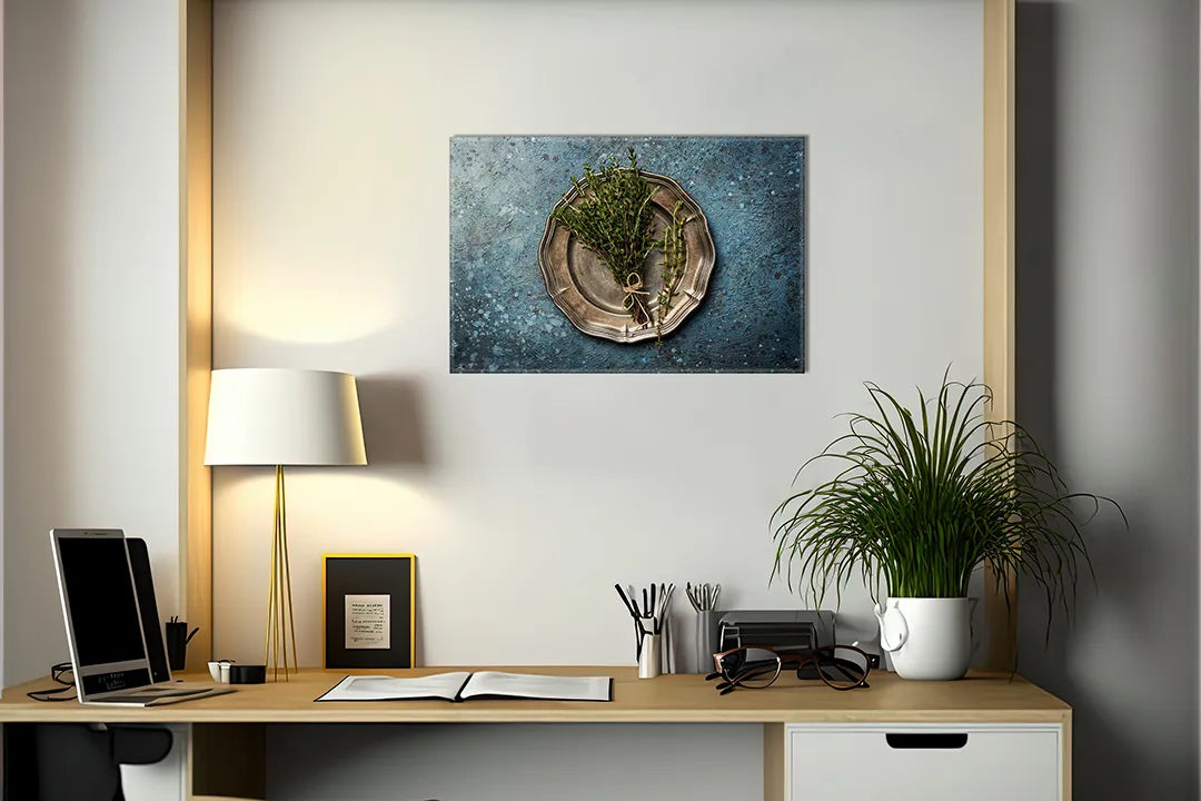 Kurkborden op canvas met miniatuur eiland in een glazen schaal – formaat 140 × 100 cm