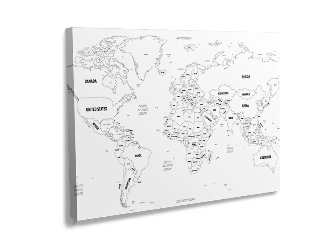 Kurkborden op canvas met minimalistische wereldkaart met plaatsnamen – formaat 120 × 80 cm