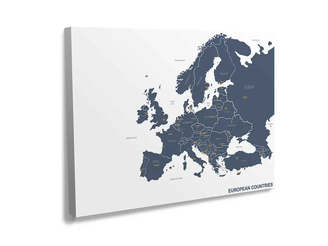 Kurkborden op canvas met donkerblauwe kaart van europa – formaat 120 × 80 cm
