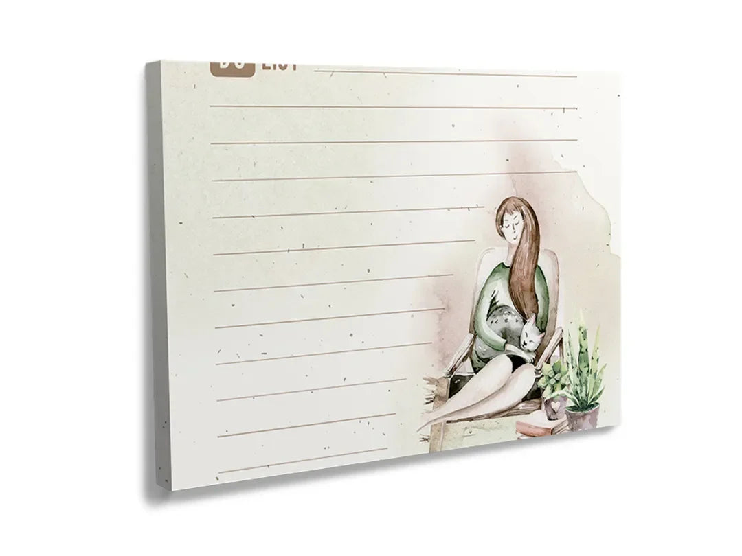 Kurkborden op canvas met minimalistische notitieplanner met vrouw – formaat 120 × 80 cm