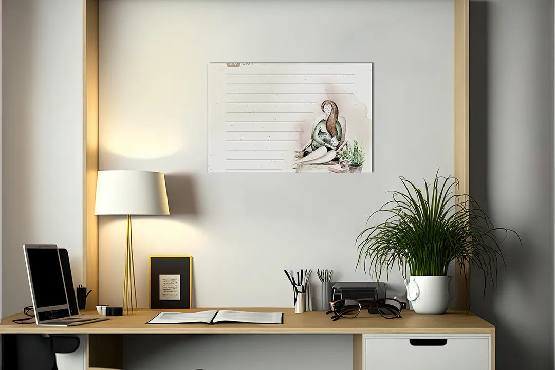 Kurkborden op canvas met minimalistische notitieplanner met vrouw – formaat 140 × 100 cm