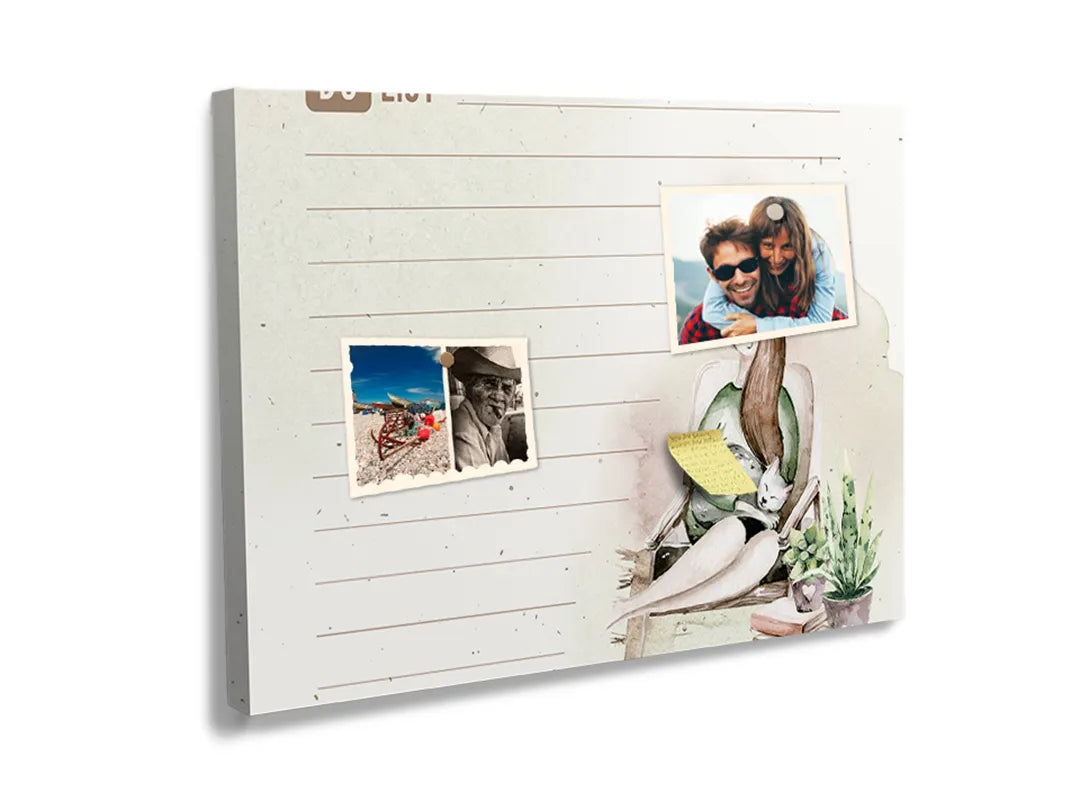 Kurkborden op canvas met minimalistische notitieplanner met vrouw – formaat 60 × 40 cm