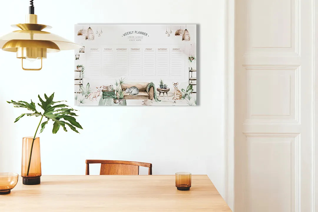 Kurkborden op canvas met botanische jaarplanner – formaat 100 × 70 cm