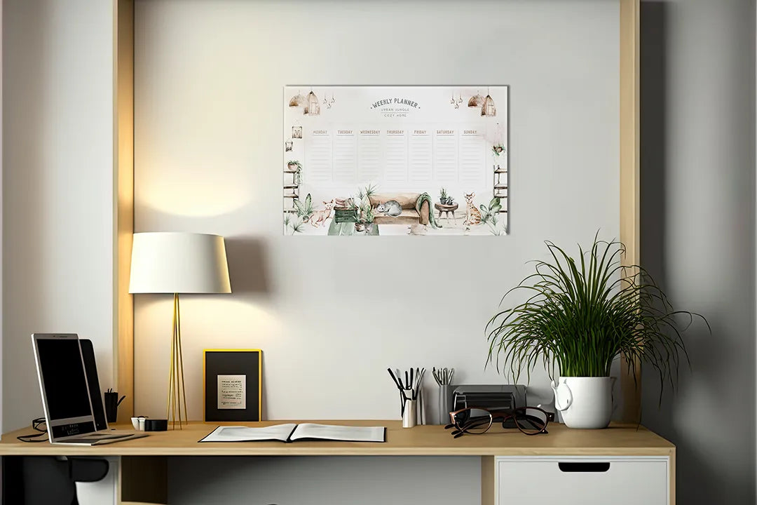 Kurkborden op canvas met botanische jaarplanner – formaat 140 × 100 cm