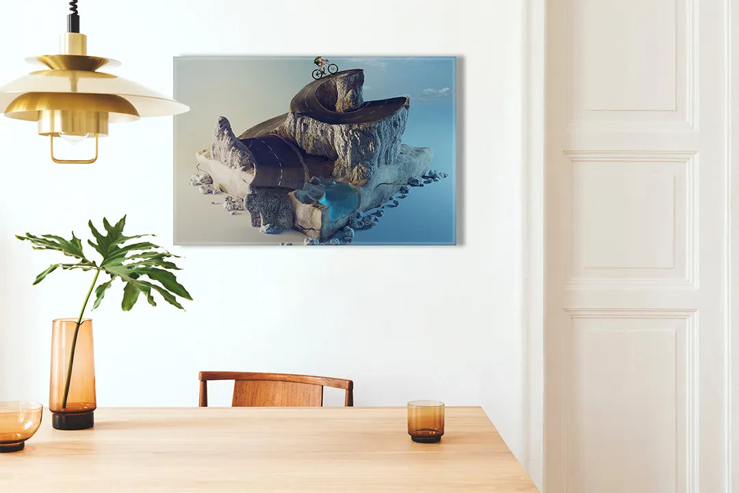 Kurkborden op canvas met surrealistische walvis met miniatuurlandschap – formaat 100 × 70 cm