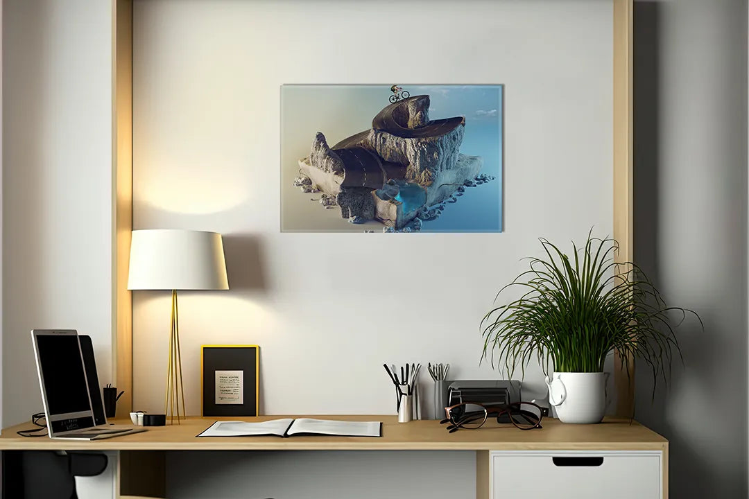 Kurkborden op canvas met surrealistische walvis met miniatuurlandschap – formaat 140 × 100 cm