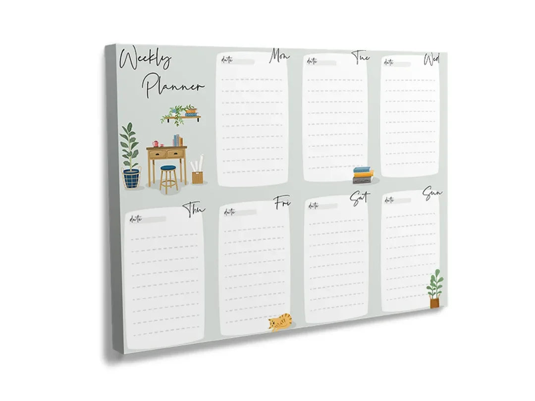 Kurkborden op canvas met botanische weekplanner met planten – formaat 120 × 80 cm