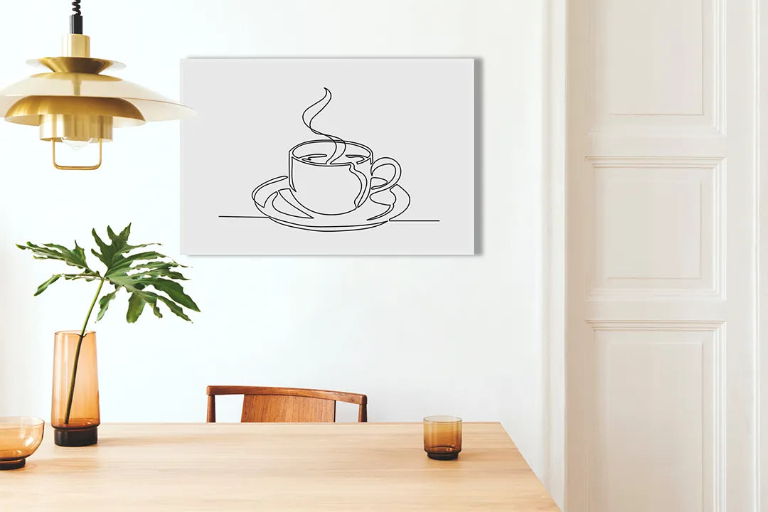 Kurkborden op canvas met minimalistische lijntekening van koffiekop – formaat 100 × 70 cm