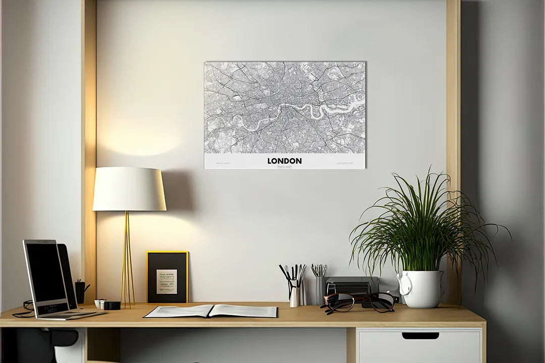 Kurkborden op canvas met zwart-witte stadskaart van londen – formaat 140 × 100 cm