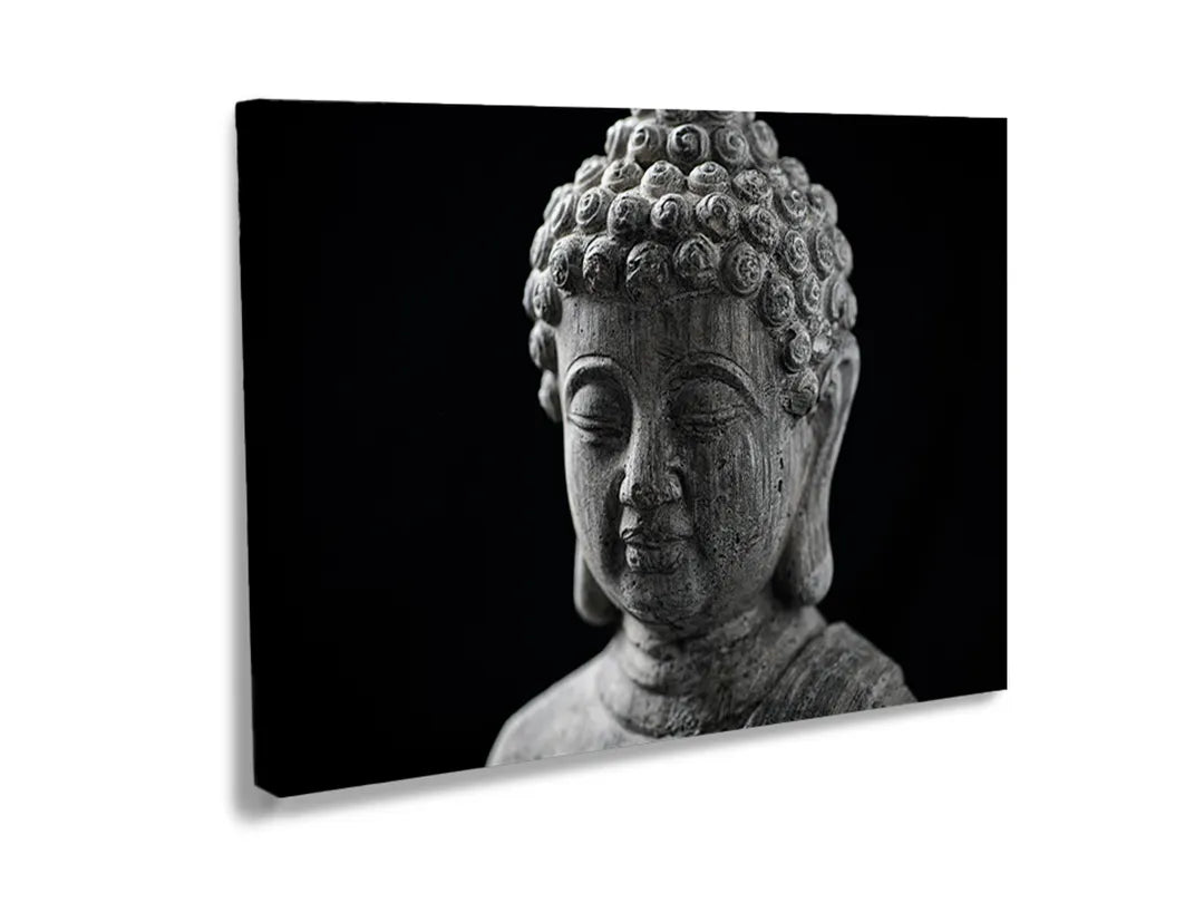 Kurkborden op canvas met zwart-wit boeddhabeeld – formaat 120 × 80 cm