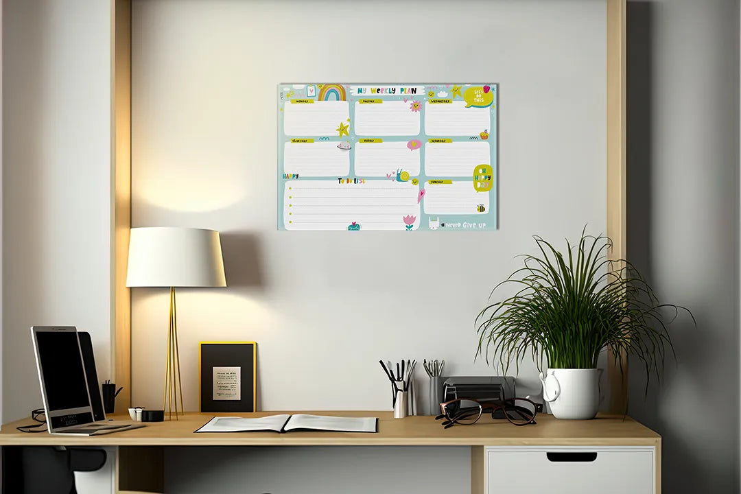 Kurkborden op canvas met kleurrijke gezinsweekplanner – formaat 140 × 100 cm