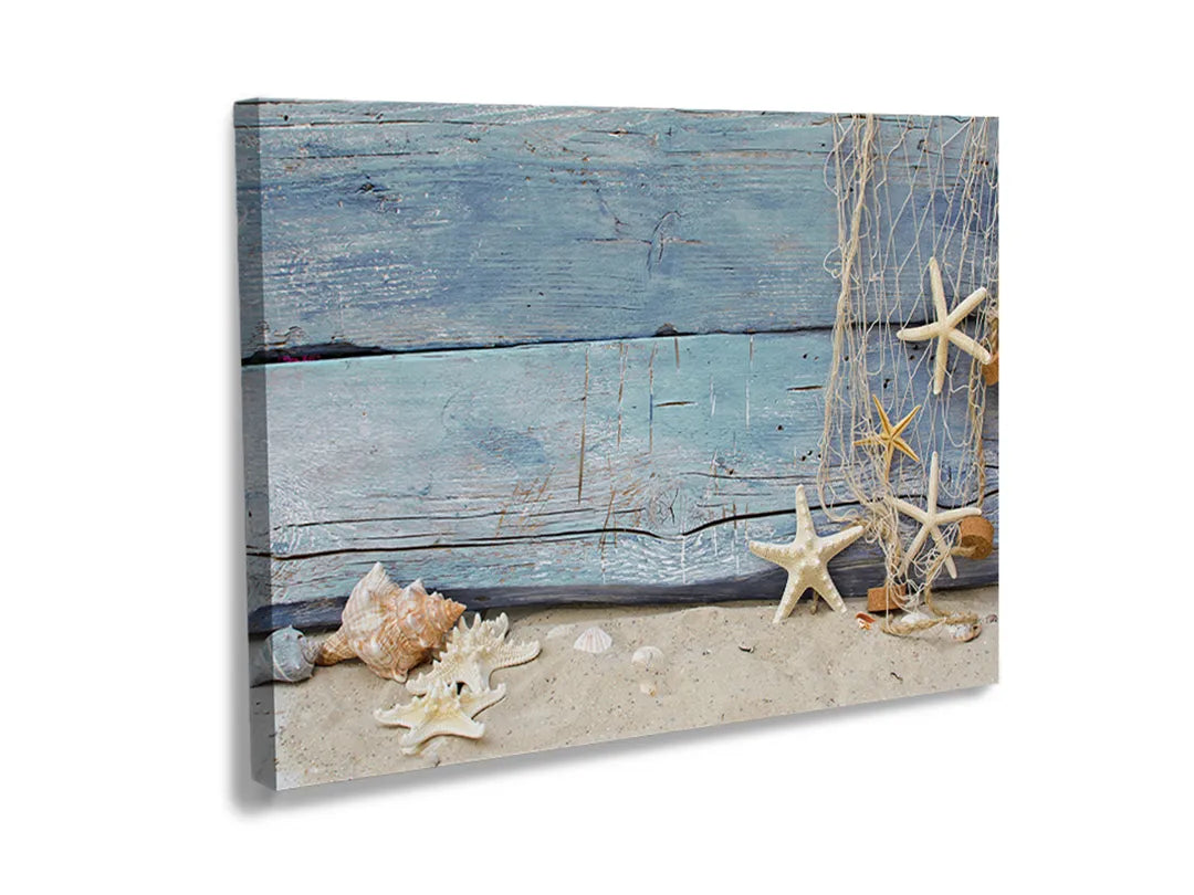 Kork-Pinnwände auf Leinwand mit strandholz mit muscheln und seesternen – Format 120 × 80 cm
