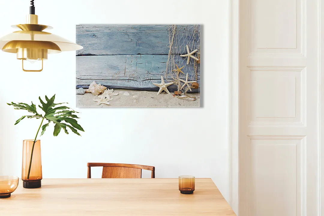 Kork-Pinnwände auf Leinwand mit strandholz mit muscheln und seesternen – Format 100 × 70 cm