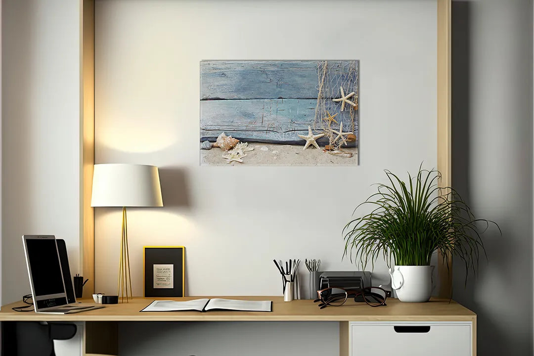 Kork-Pinnwände auf Leinwand mit strandholz mit muscheln und seesternen – Format 140 × 100 cm