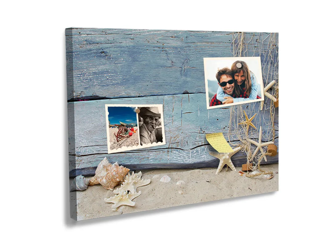 Kork-Pinnwände auf Leinwand mit strandholz mit muscheln und seesternen – Format 60 × 40 cm