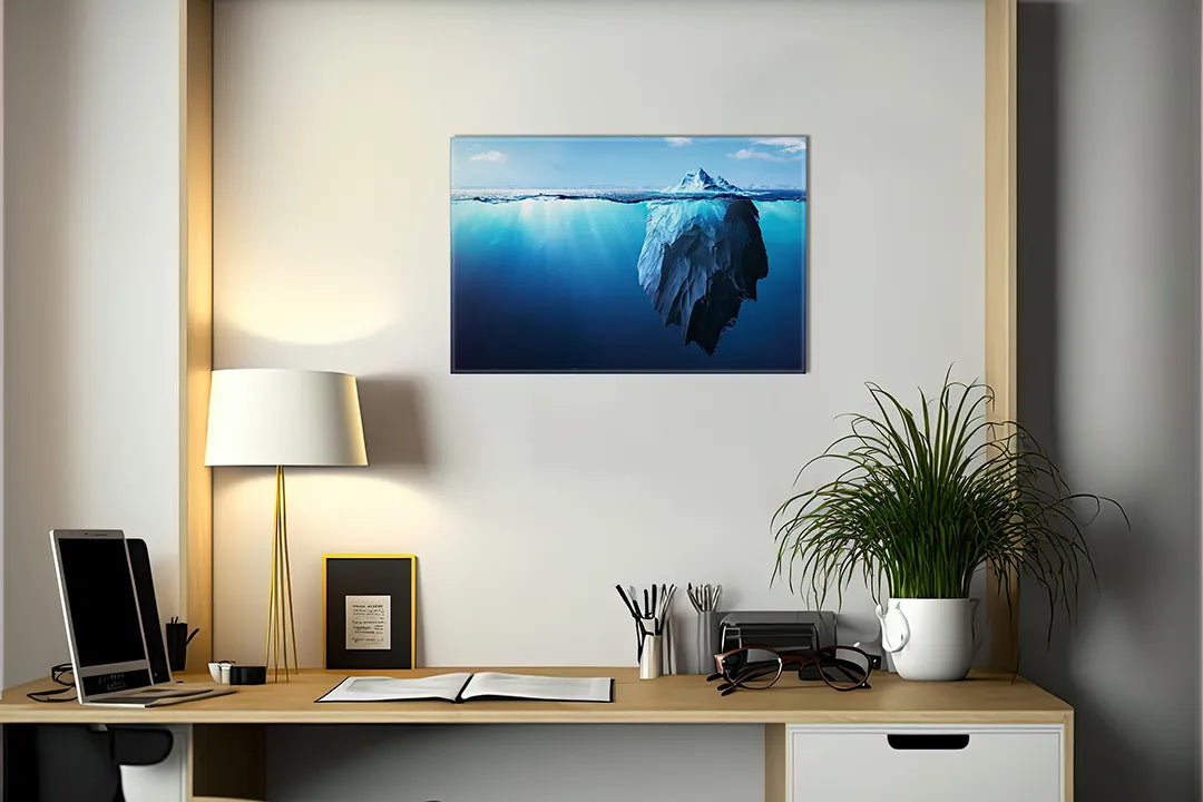 Kurkborden op canvas met ijsberg boven en onder water – formaat 140 × 100 cm