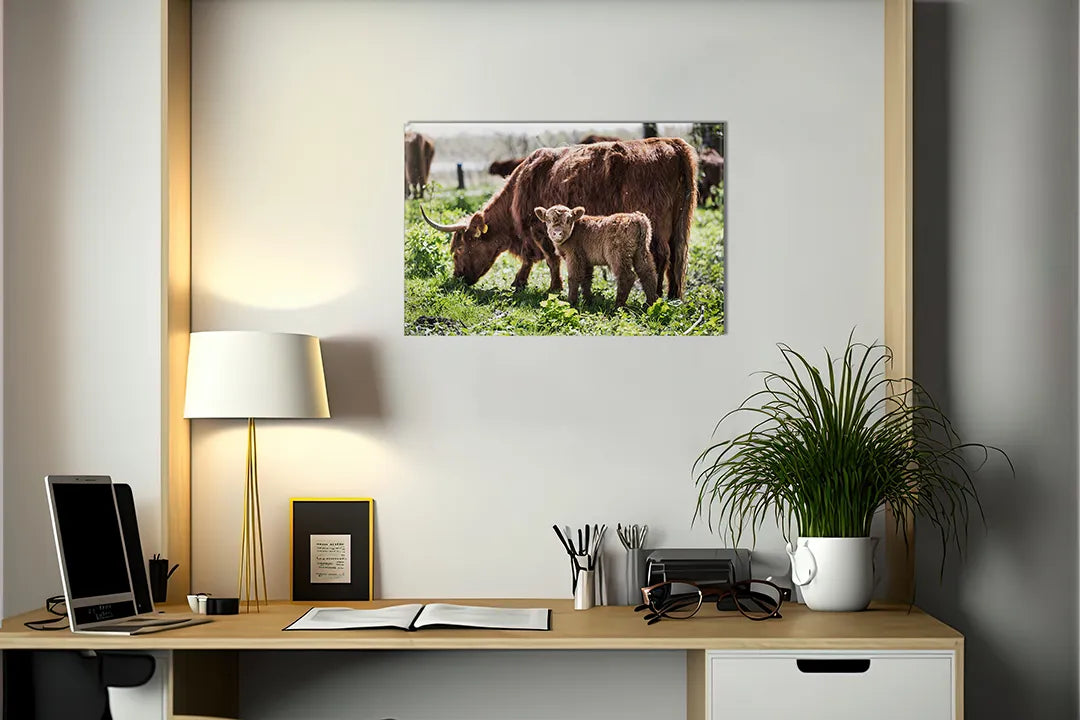 Kork-Pinnwände auf Leinwand mit schottisches hochlandrind mit kalb – Format 140 × 100 cm